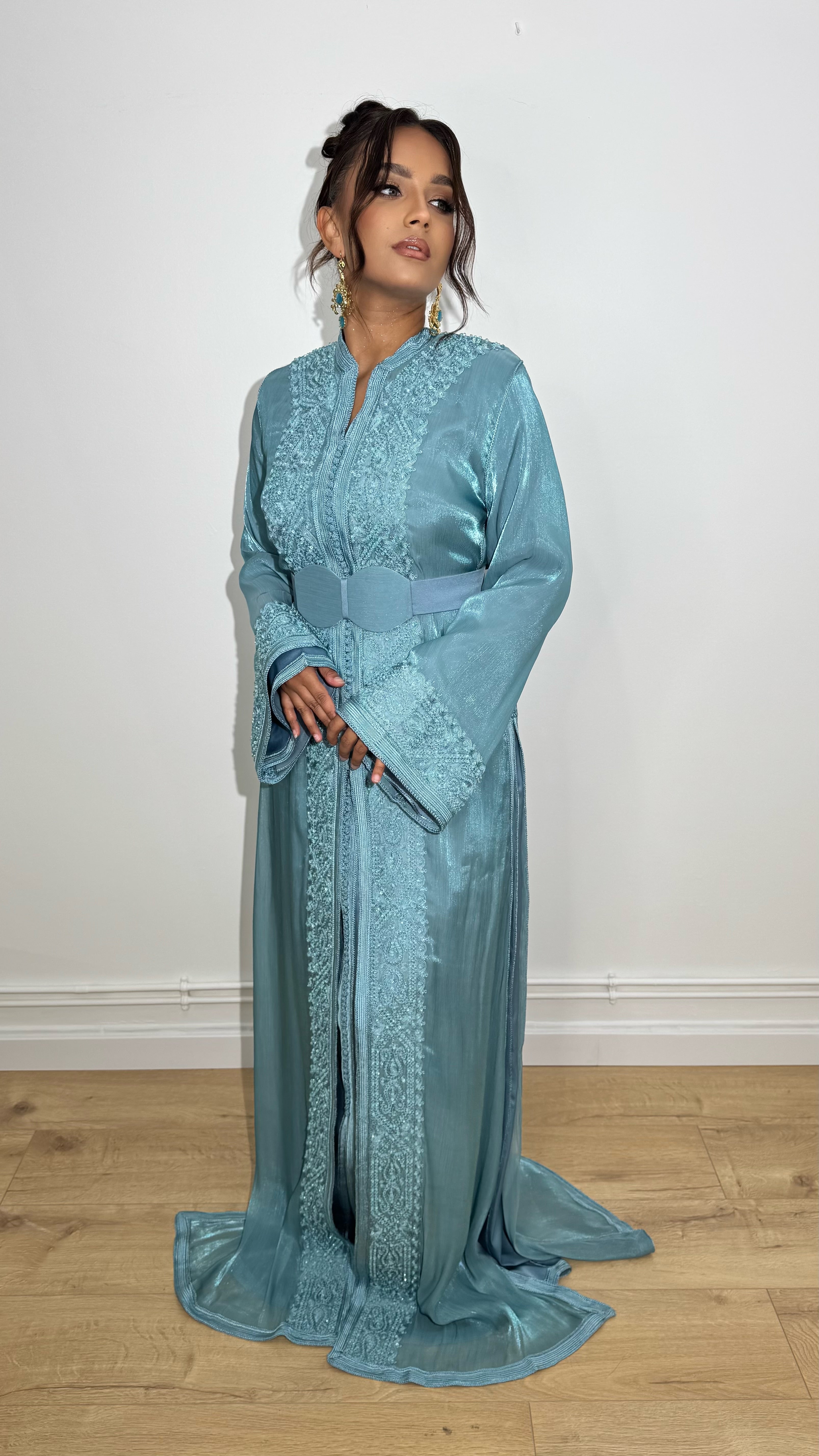 Caftan Takchita Marocain Femme - Jaune - Taille L - Long - Pour Mariage Ou Cérémonie